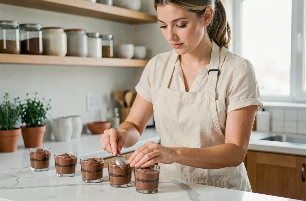 Femme préparant des verrines au chocolat dans une cuisine moderne avec plan de travail en marbre blanc