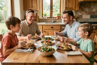Famille réunie autour d'un repas équilibré le midi avec légumes rôtis, poulet grillé et salade verte sur une table en bois