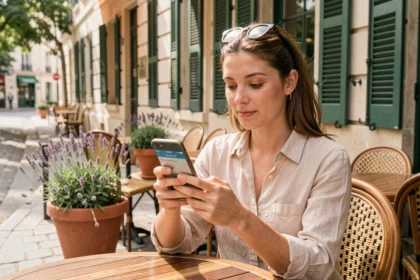 Jeune femme réservant une table en terrasse via une application mobile dans un bistro parisien