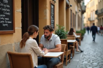 Couple de touristes lisant la carte d'un restaurant authentique en terrasse dans une ruelle pavée de Carcassonne