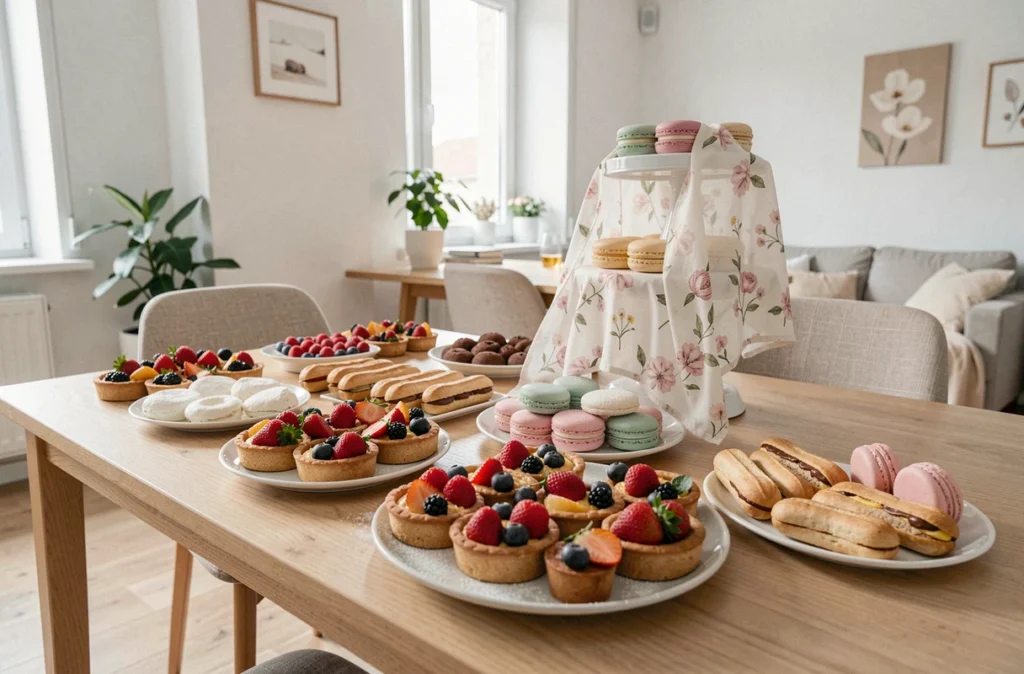 Table de desserts gourmands avec tartelettes aux fruits, macarons et éclairs présentés sur un buffet élégant en intérieur