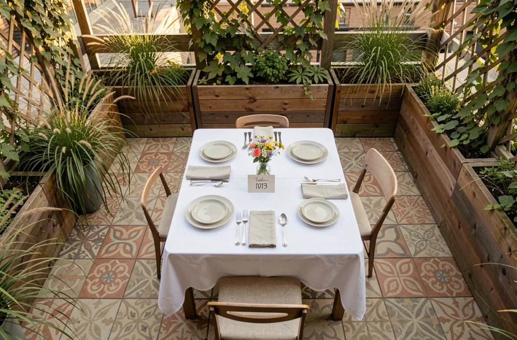 Table en terrasse soigneusement dressée avec une carte de réservation dans un restaurant de jardin urbain