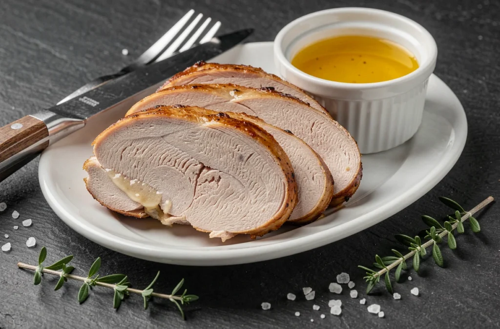 Tranches de blanc de poulet rôti juteux sur assiette blanche avec jus de cuisson, texture moelleuse visible, présentation soignée