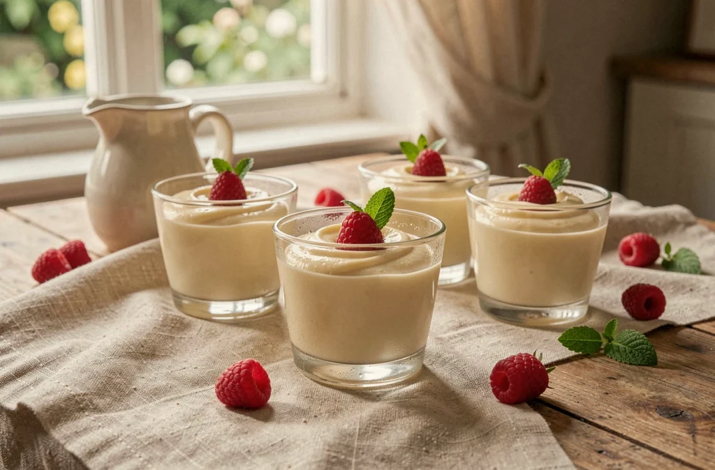 Verrines de crème pâtissière légère garnies de framboises fraîches sur une table en bois rustique