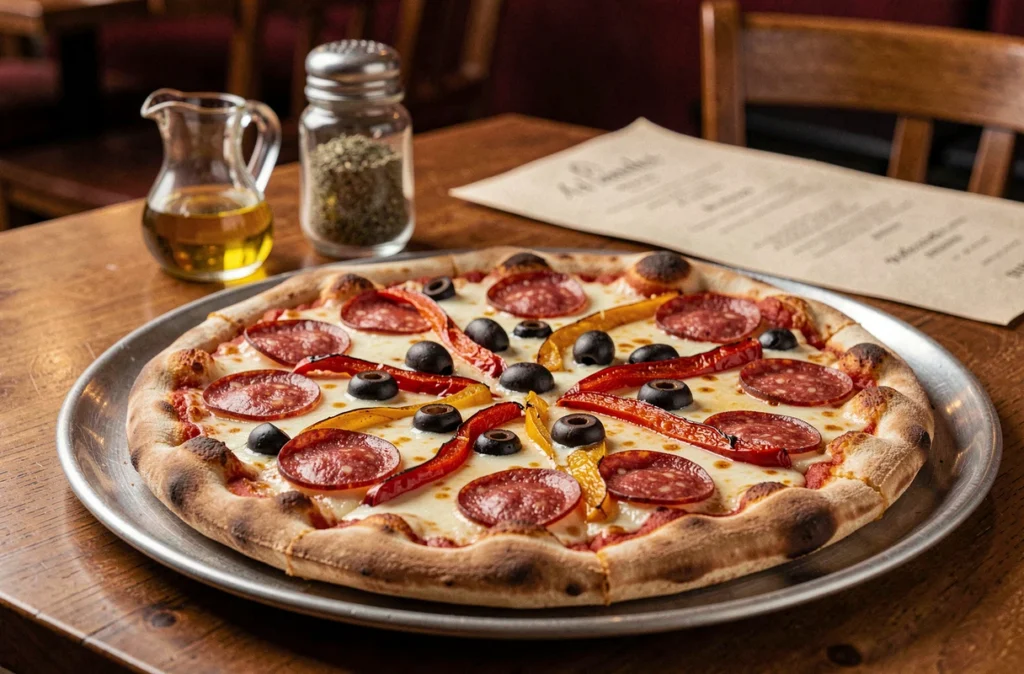Pizza généreuse au salami, poivrons rôtis et mozzarella fior di latte sur assiette métallique chez Al Fornello à La Madeleine