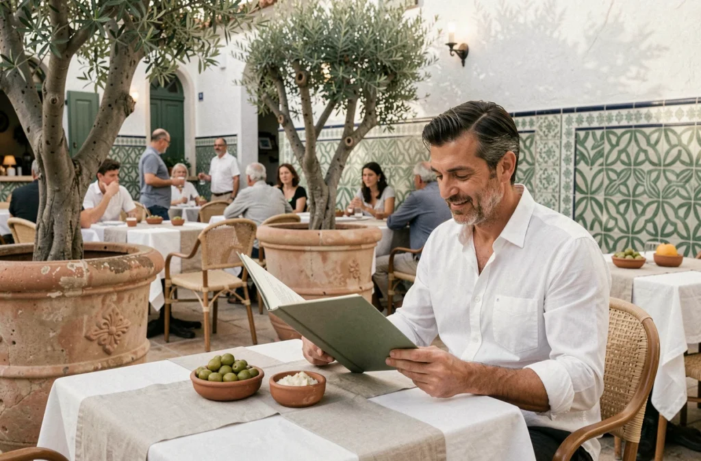 Terrasse méditerranéenne du restaurant Aroc à Montpellier avec oliviers et décor andalou
