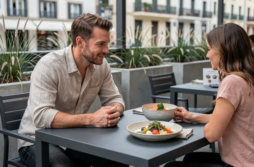 Terrasse moderne du Bistrot Umami à Montpellier avec vaisselle contemporaine et cuisine créative