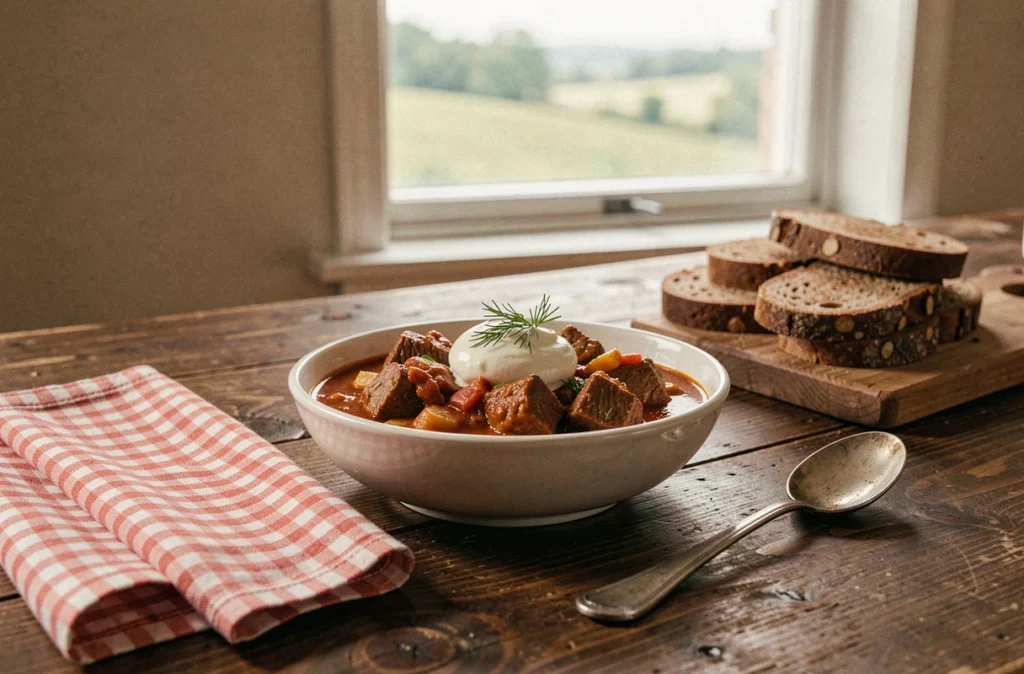 Bol de goulash hongrois servi avec crème fraîche et aneth sur une table en bois rustique avec pain de seigle et nappe à carreaux