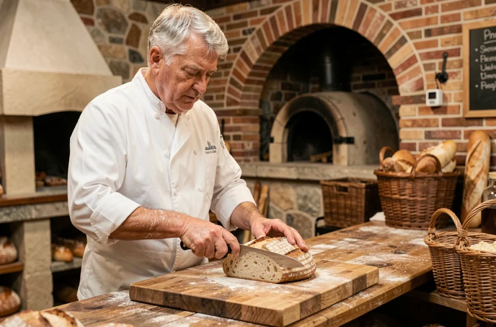 Boulanger artisan tranchant un pain de campagne sur une planche en bois dans une boulangerie traditionnelle
