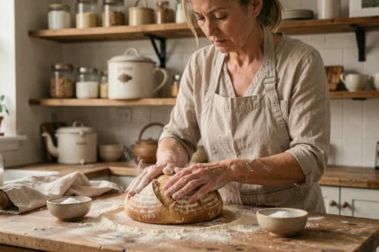 Femme pétrissant une pâte à pain au levain sur un plan de travail en bois dans une cuisine familiale rustique