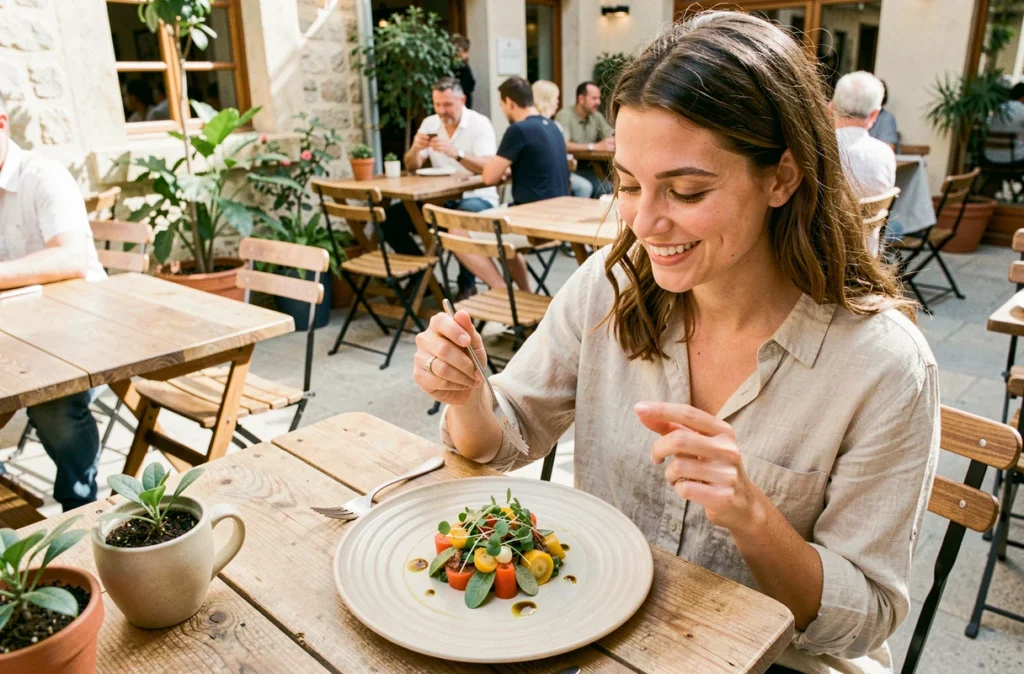 Terrasse du restaurant Céna à Montpellier avec assiette de produits frais et décor bistrot chic
