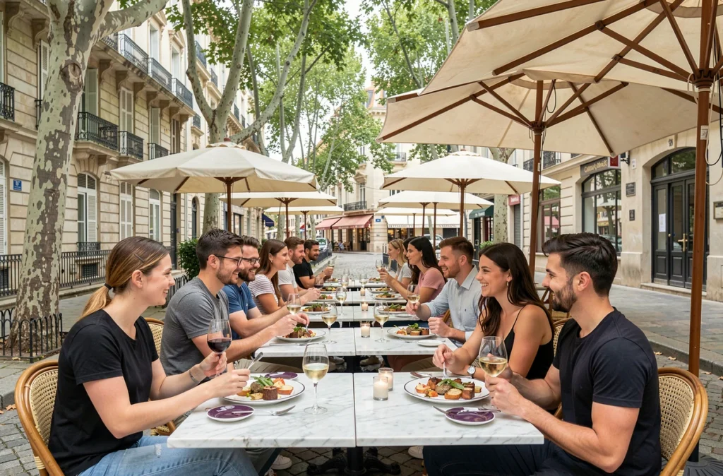 Terrasse urbaine du Comptoir de l'Arc à Montpellier sous les platanes en centre-ville