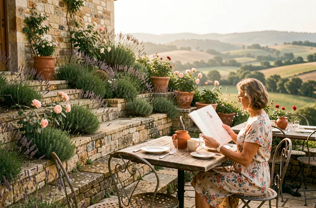 Terrasse en gradins fleuris du restaurant Cuq en Terrasses à Cuq-Toulza avec vue sur la campagne