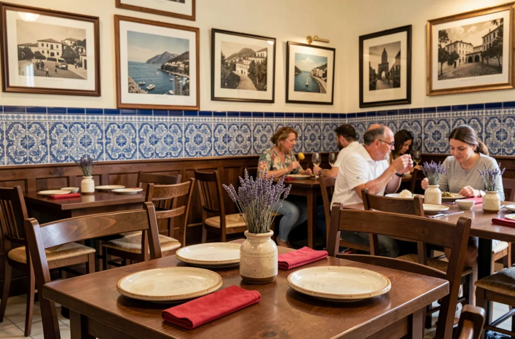 Salle de restaurant intime décorée de carreaux céramiques siciliens bleus et blancs chez Domus Sicilia à La Madeleine