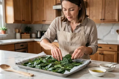Femme étalant des épinards frais sur une plaque de cuisson recouverte de papier sulfurisé, prête à enfourner pour un gratin ou une quiche