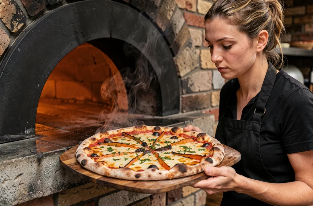 Cheffe sortant une pizza dorée du four à bois avec une pelle traditionnelle chez Fata Morgana à Douai