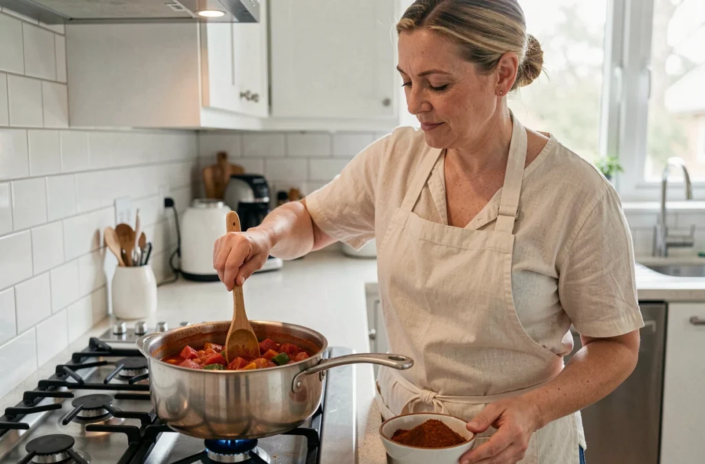Femme préparant un goulash hongrois en remuant une grande casserole sur une cuisinière à gaz dans une cuisine moderne