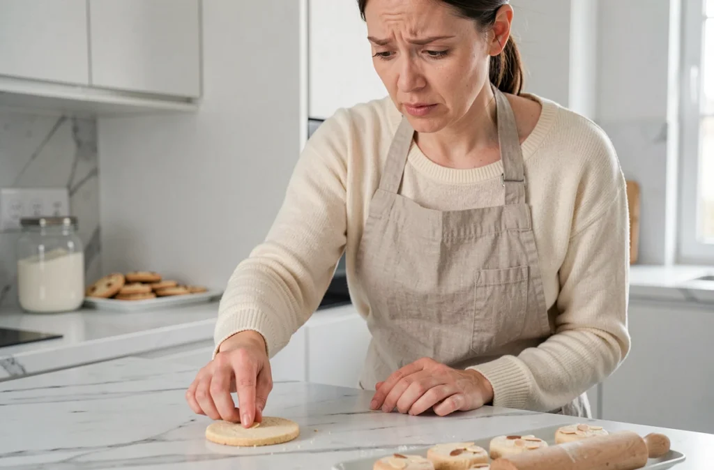 Femme testant la dureté d'un sablé de Noël amande dans une cuisine scandinave moderne