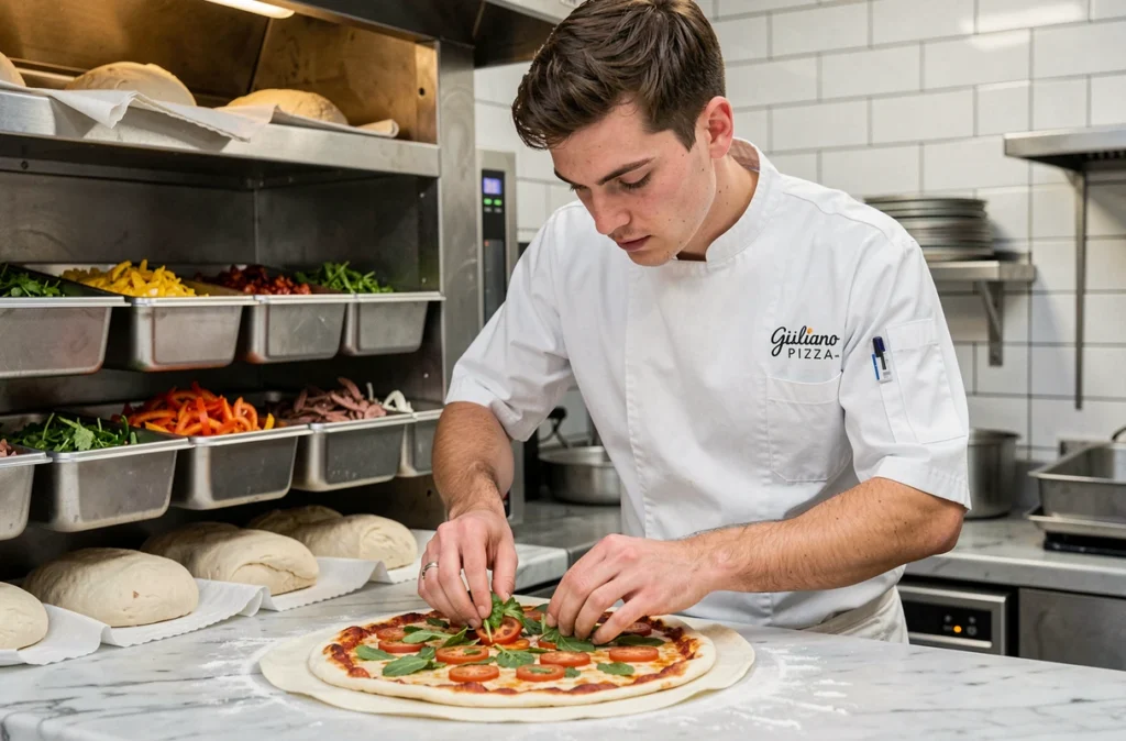 Jeune pizzaiolo garnissant avec soin une pizza fraîche sur un plan de travail en marbre chez Giuliano Pizza à Hem
