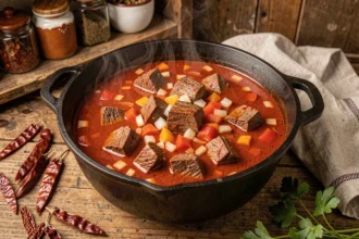 Goulash hongrois mijotant dans une cocotte en fonte sur un plan de travail en bois rustique avec épices et persil frais