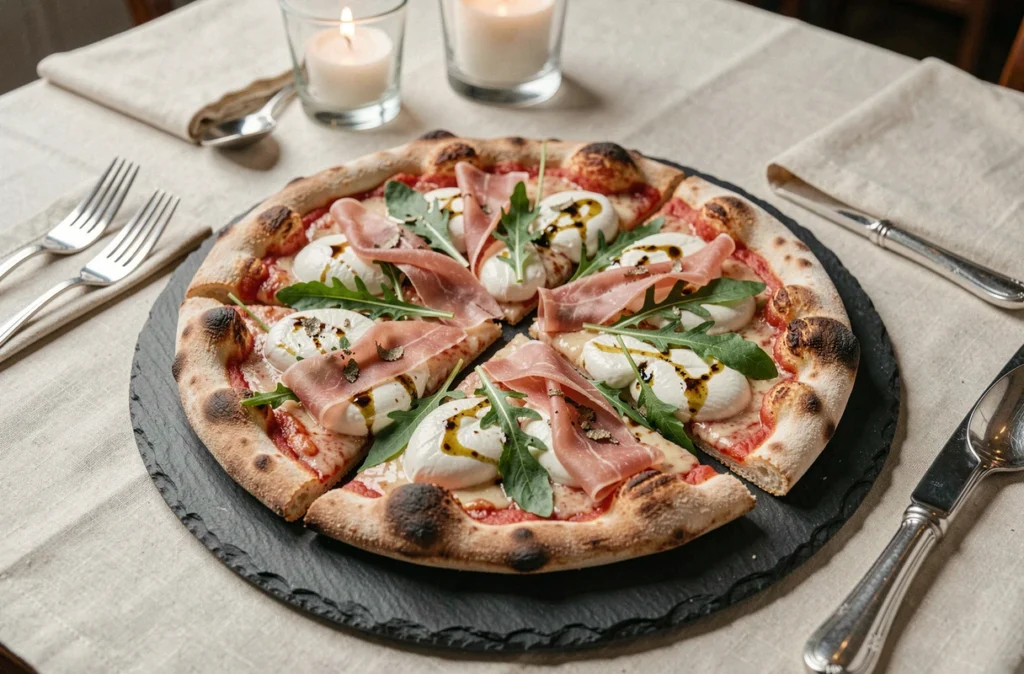 Pizza fine et raffinée avec burrata, jambon de Parme et roquette sur ardoise dans l'élégant cadre de La Pazienza à Lille