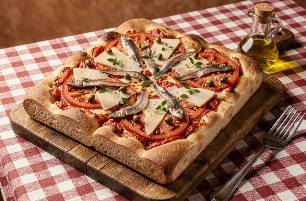 Pizza sicilienne traditionnelle sur base épaisse avec anchois, câpres et pecorino sur planche en bois chez La Trinacria à Lille