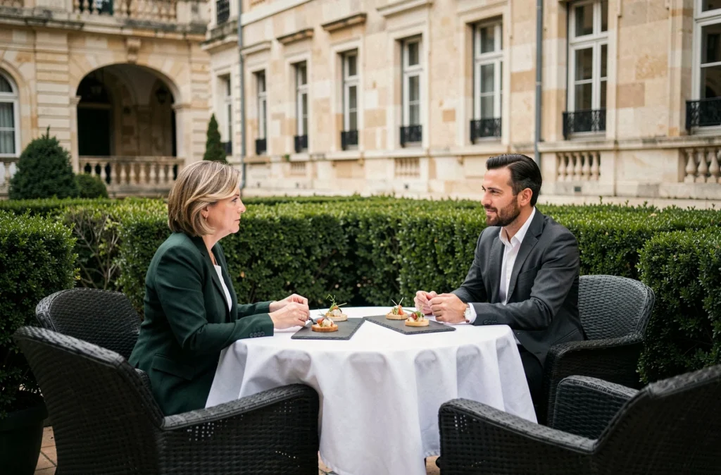 Terrasse gastronomique de L'Alchimiste à Montpellier avec dressage raffiné et décor élégant