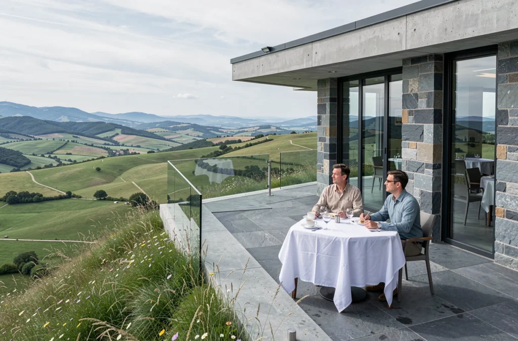 Terrasse panoramique du restaurant Le Suquet à Laguiole avec vue sur le plateau de l'Aubrac