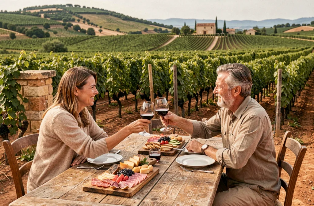 Terrasse du restaurant Les Vignes dans le vignoble héraultais avec vue sur les rangées de vignes
