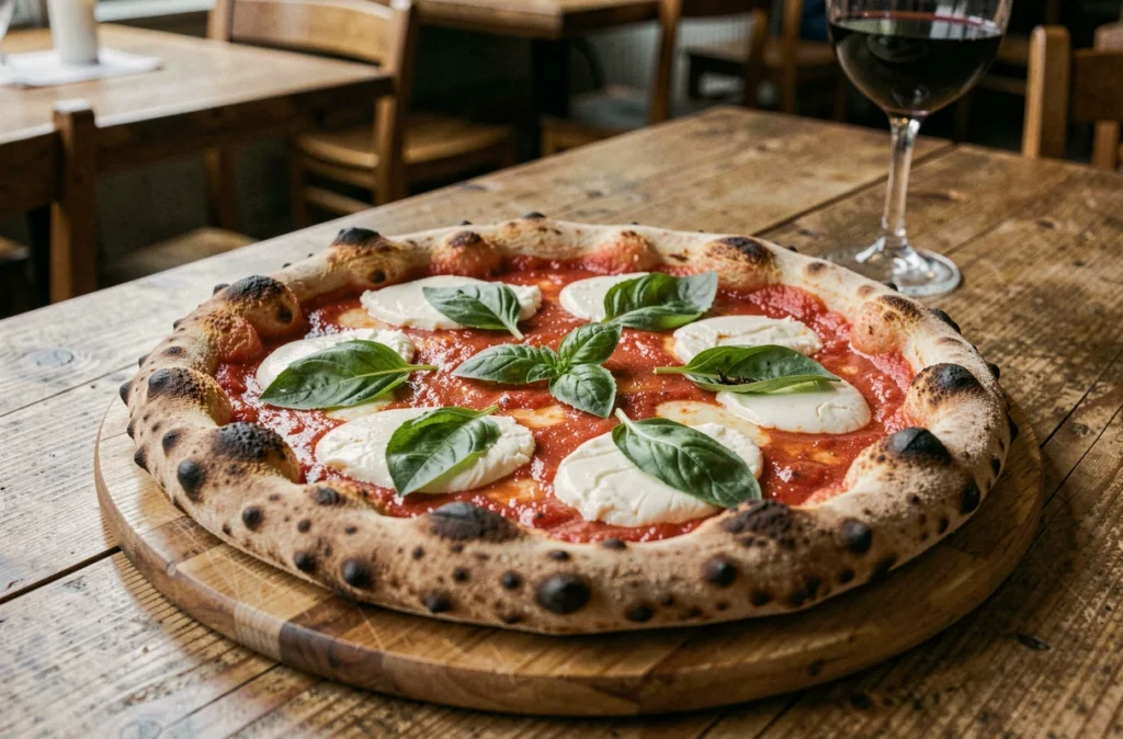 Pizza napolitaine authentique avec mozzarella de bufflonne et basilic frais servie sur une planche en bois chez Origano à Lille