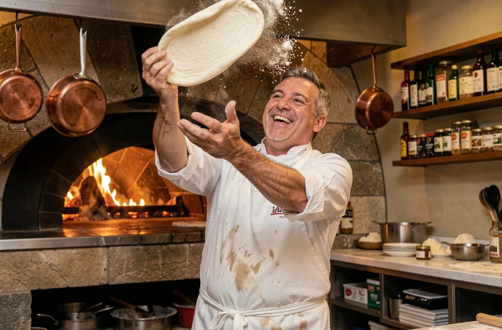 Pizzaiolo souriant lançant la pâte à pizza en l'air dans la cuisine ouverte de Papa Raffaele à Lille