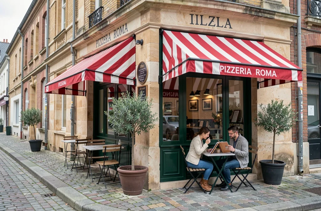 Terrasse et façade accueillante de la Pizzeria Roma à Douai avec stores rayés et tables en fer forgé sur les pavés