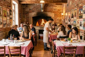 Intérieur animé d'une pizzeria traditionnelle italienne dans le Nord de la France avec un four à bois et une atmosphère familiale chaleureuse