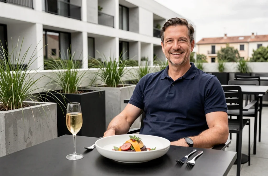 Terrasse moderne et épurée du restaurant Secco à Montpellier avec décor contemporain et cuisine soignée