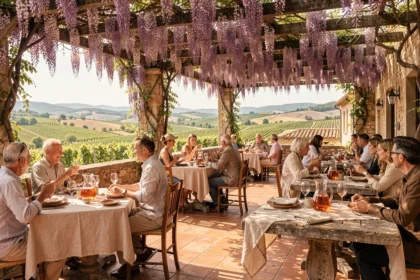 Terrasse de restaurant ensoleillée en Occitanie avec vue sur les vignes et les collines