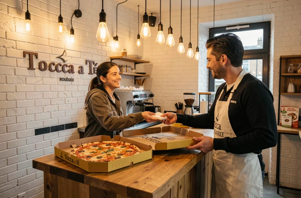 Cliente souriante récupérant sa commande de pizza dans le cadre moderne et accueillant de Tocca a Té à Roubaix