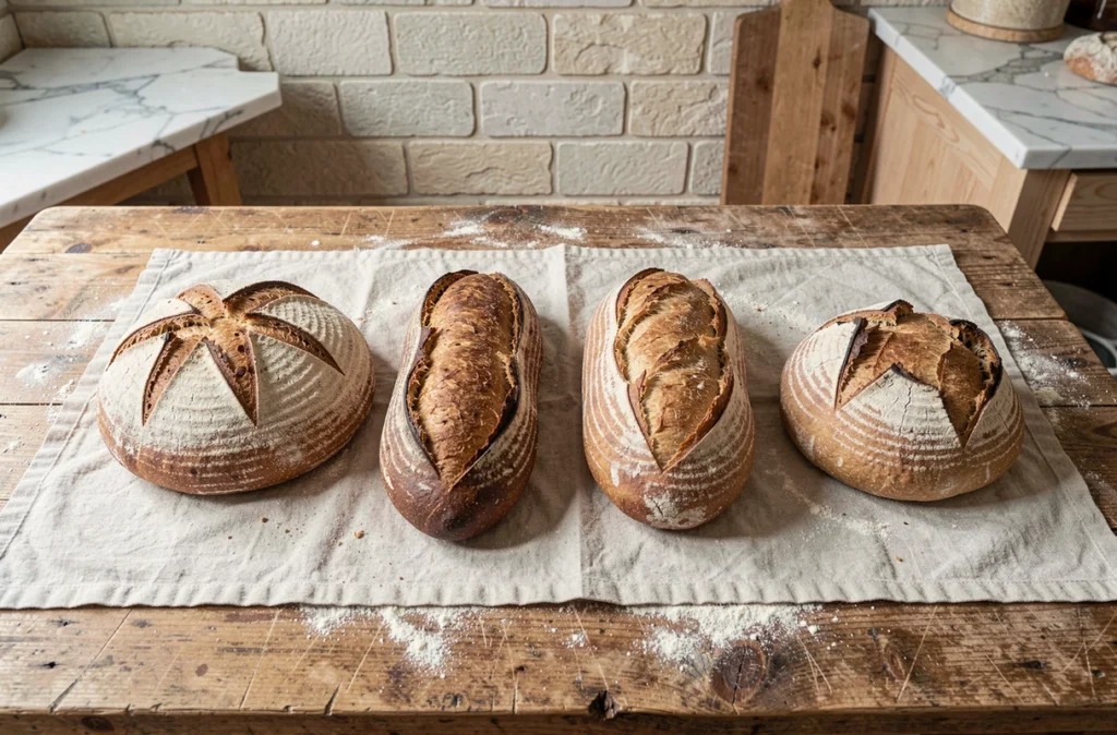 Quatre variantes de pains de campagne rustiques aux formes et croûtes différentes disposés sur un torchon en lin