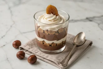 Verrine individuelle de marron gâteau aux couches de crème de marron et mascarpone sur marbre blanc