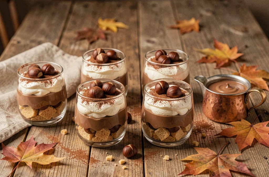 Table dressée avec quatre verrines de marron gâteau décorées pour recevoir des invités en automne